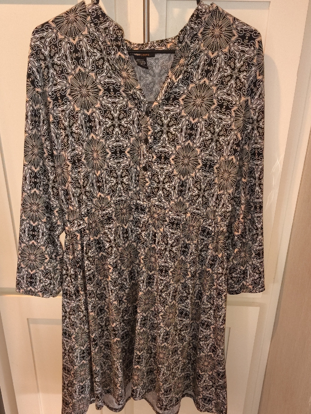 Robert Louis Black and Cream Long-Sleeve V-Neck Printed Dress